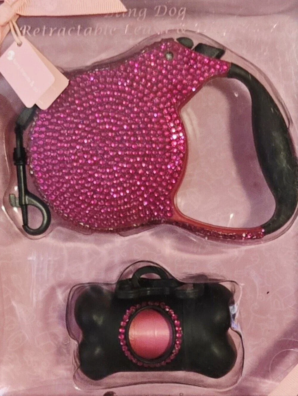 Furry Friends Pink Rhinestone Retractable Dog Leash Waste Bag Dispenser Set